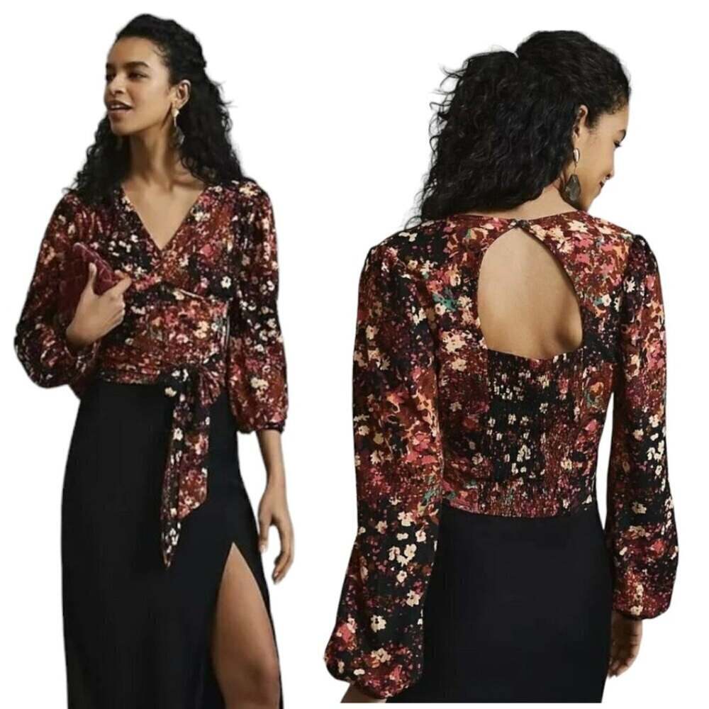 Anthropologie Orange Pink Floral Balloon Sleeve Back Cut Out Tie Belt Top Sz PM